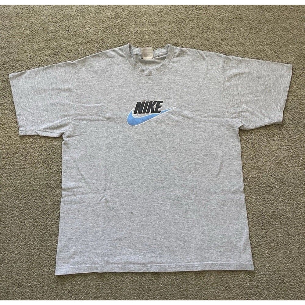 Vintage Y2K Nike T Shirt Mens M Gray Blue Swoosh Logo Tee